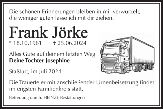 Traueranzeige von Frank Jörke von Volksstimme Staßfurt