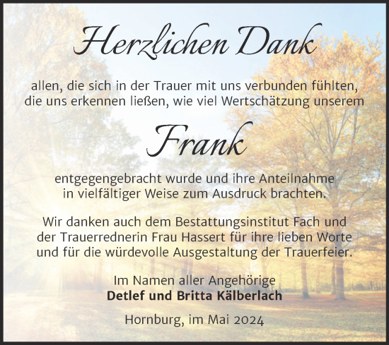 Traueranzeige von Frank Kälberlach von Trauerkombi Mansfelder Land