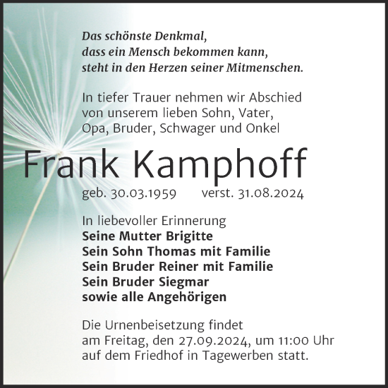 Traueranzeige von Frank Kamphoff von Trauerkombi Weißenfels