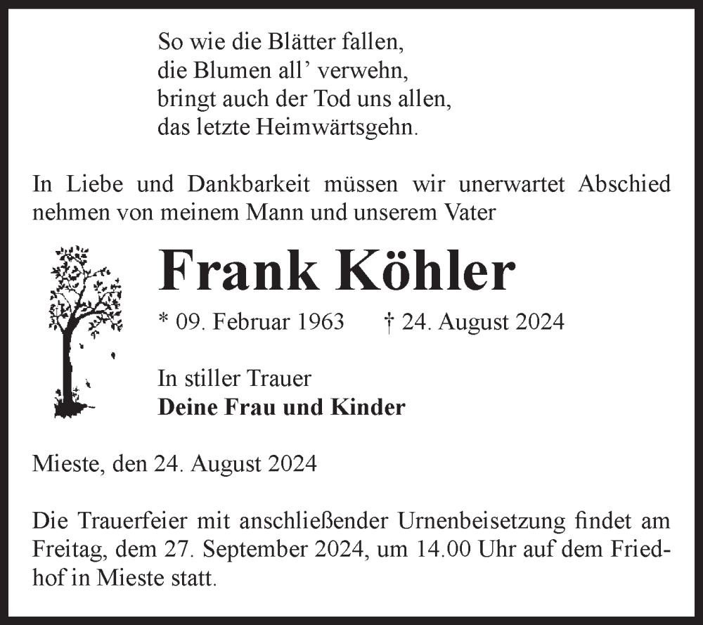  Traueranzeige für Frank Köhler vom 29.08.2024 aus Volksstimme Altmark West