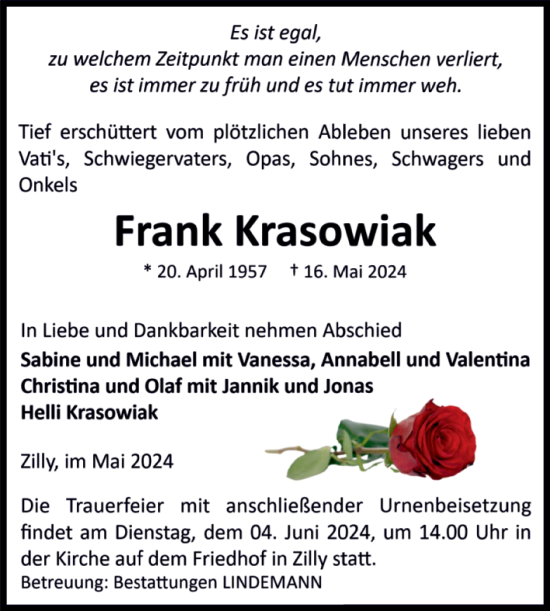 Traueranzeige von Frank Krasowiak von Volksstimme Halberstadt