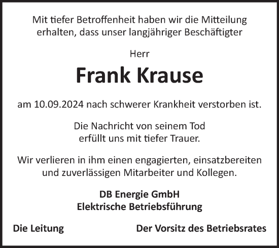 Traueranzeige von Frank Krause von Volksstimme Wernigerode