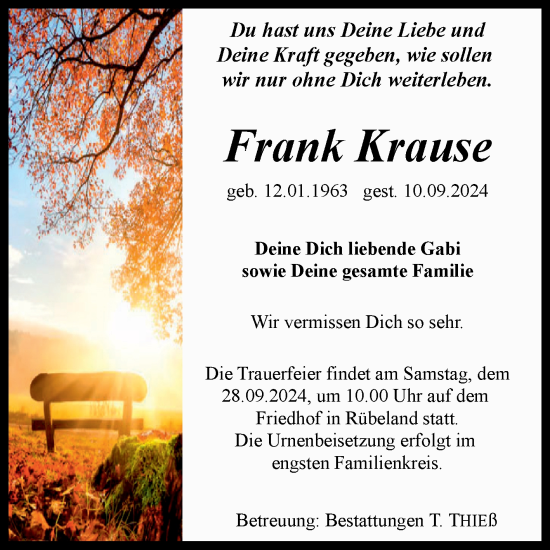 Traueranzeige von Frank Krause von Volksstimme Wernigerode