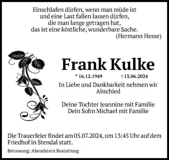 Traueranzeige von Frank Kulke von Volksstimme Altmark Ost