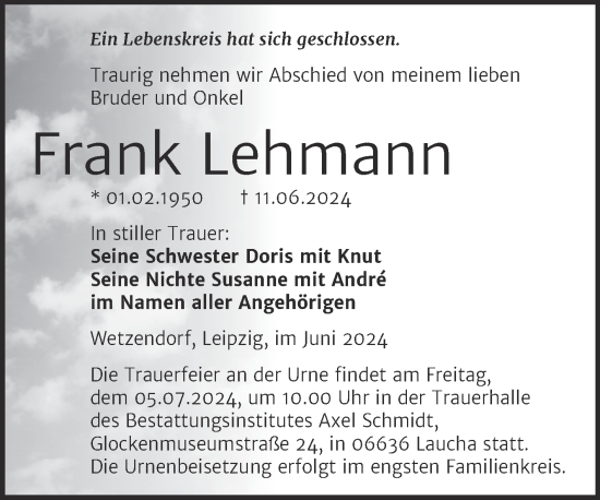 Traueranzeige von Frank Lehmann von Naumburger Tageblatt