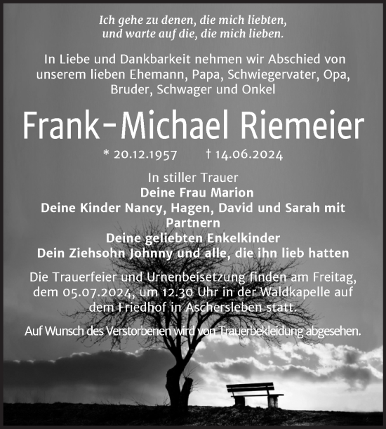 Traueranzeige von Frank-Michael Riemeier von Trauerkombi Aschersleben