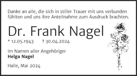 Traueranzeige von Frank Nagel von Mitteldeutsche Zeitung Halle/Saalkreis