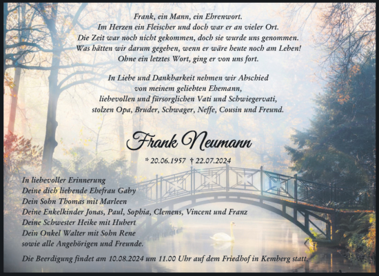 Traueranzeige von Frank Neumann von Trauerkombi Wittenberg