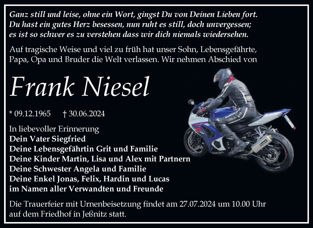  Traueranzeige für Frank Niesel vom 13.07.2024 aus Trauerkombi Bitterfeld