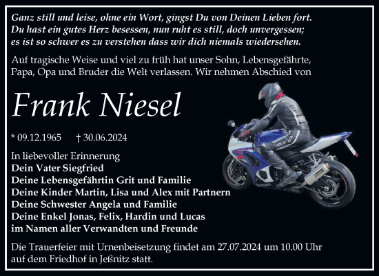 Traueranzeige von Frank Niesel von Trauerkombi Bitterfeld