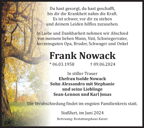 Traueranzeige von Frank Nowack von Volksstimme Staßfurt