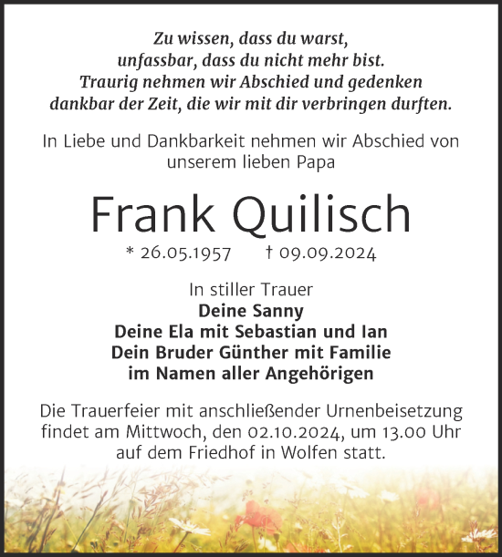 Traueranzeige von Frank Quilisch von Trauerkombi Bitterfeld