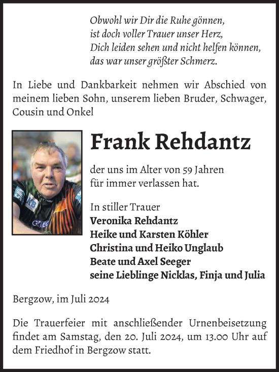 Traueranzeige von Frank Rehdantz von Volksstimme Burg/Genthin