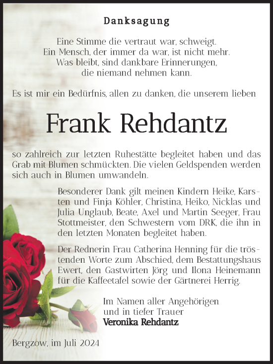 Traueranzeige von Frank Rehdantz von Volksstimme Burg/Genthin