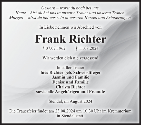 Traueranzeige von Frank Richter von Volksstimme Altmark Ost