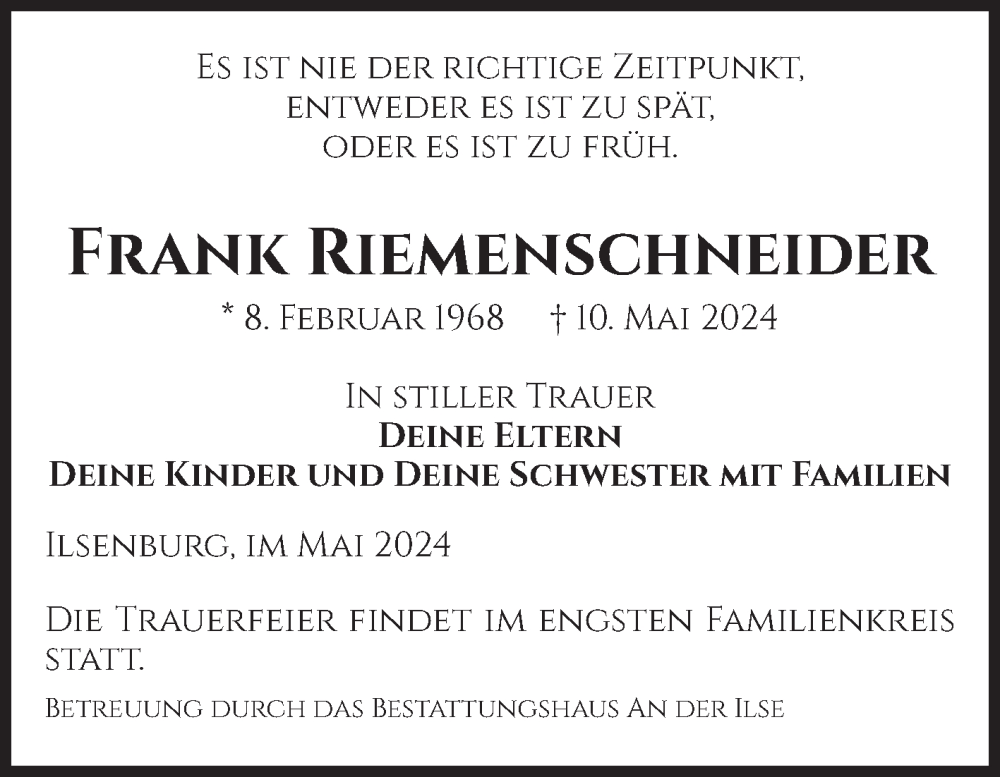  Traueranzeige für Frank Riemenschneider vom 18.05.2024 aus Volksstimme Wernigerode