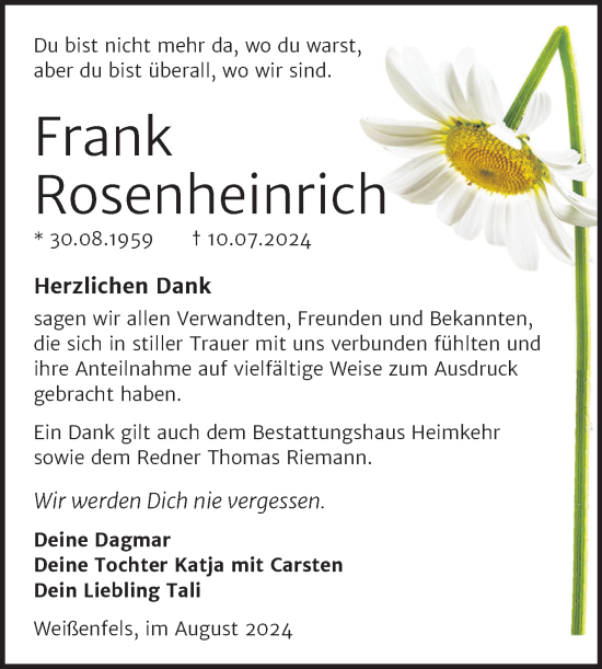 Traueranzeige von Frank Rosenheinrich von Trauerkombi Weißenfels