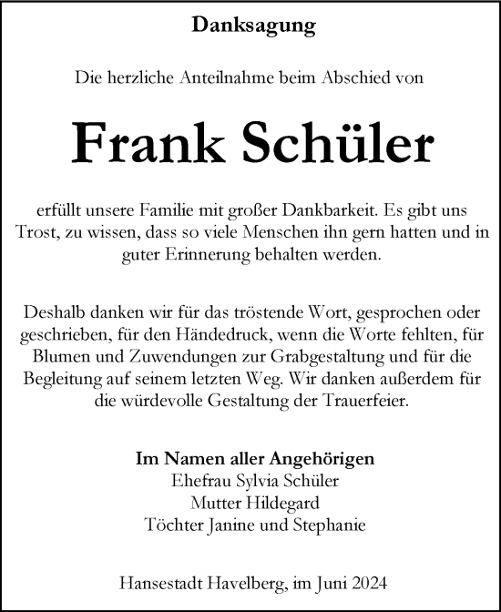 Traueranzeige von Frank Schüler von Volksstimme Altmark Ost
