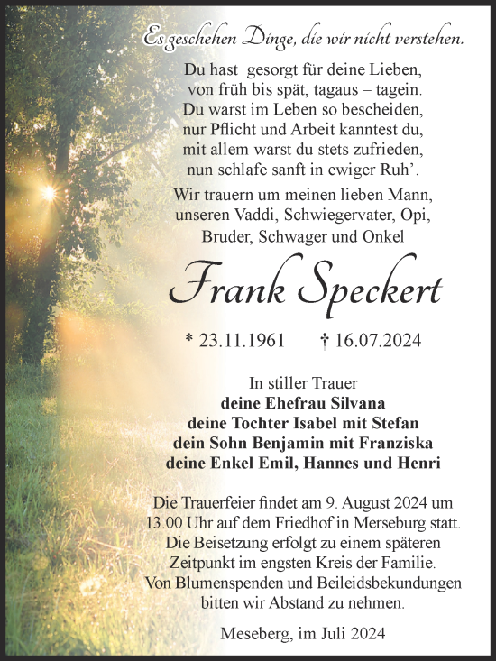 Traueranzeige von Frank Speckert von Volksstimme Altmark Ost