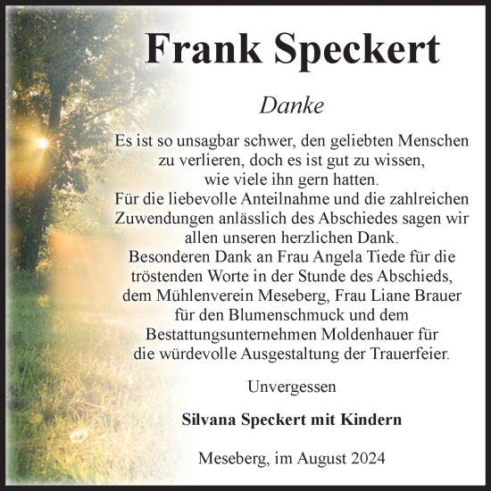 Traueranzeige von Frank Speckert von Volksstimme Altmark Ost