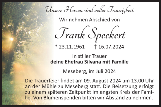 Traueranzeige von Frank Speckert von Volksstimme Altmark Ost