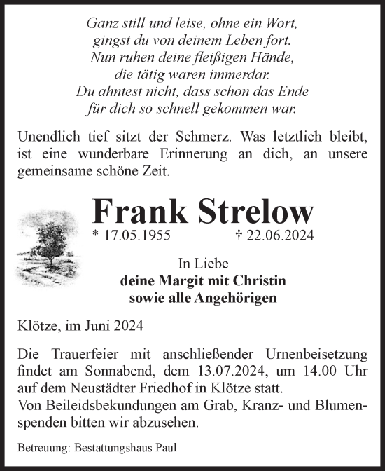 Traueranzeige von Frank Strelow von Volksstimme Altmark West