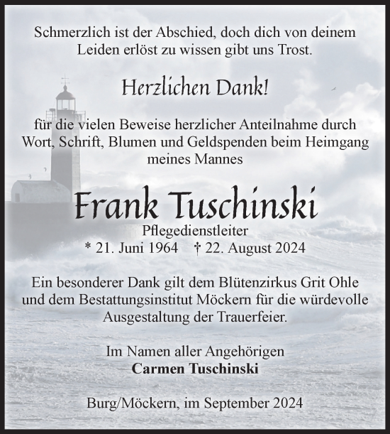 Traueranzeige von Frank Tuschinski von Volksstimme Burg/Genthin