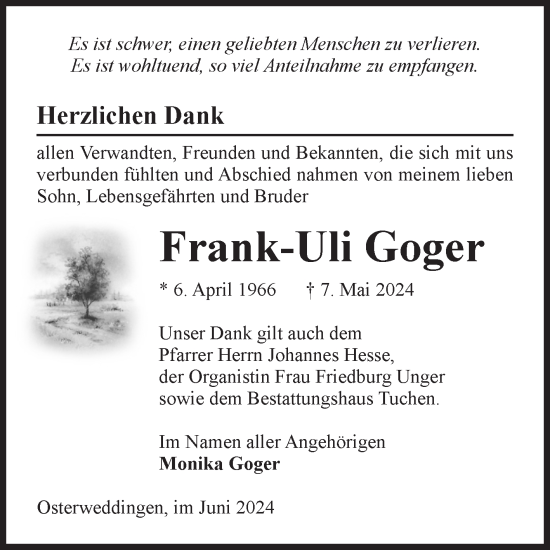 Traueranzeige von Frank-Uli Goger von Volksstimme Oschersleben/Wanzleben
