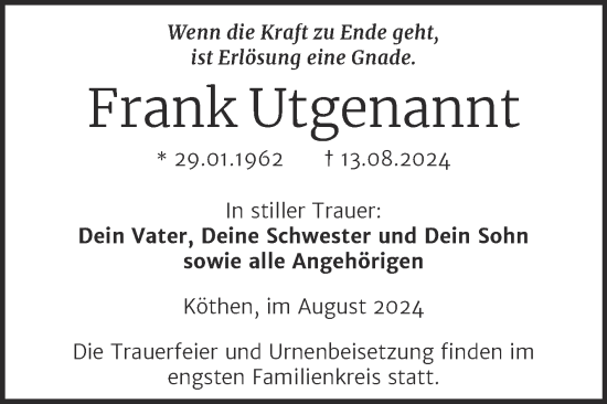 Traueranzeige von Frank Utgenannt von Trauerkombi Köthen