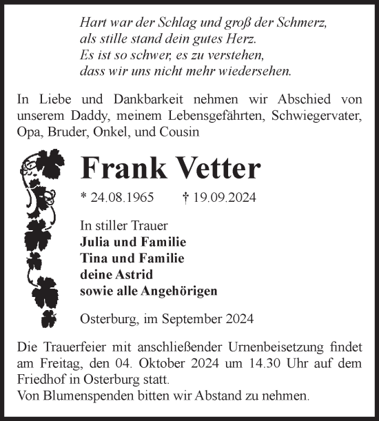 Traueranzeige von Frank Vetter von Volksstimme Altmark Ost