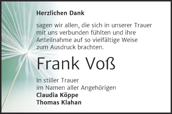Traueranzeige von Frank Voß von Trauerkombi Wittenberg
