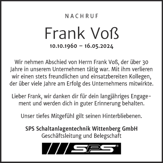 Traueranzeige von Frank Voß 