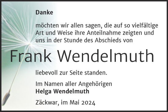Traueranzeige von Frank Wendelmuth von Super Sonntag Naumburg/Nebra