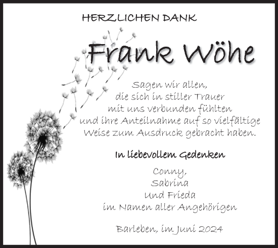 Traueranzeige von Frank Wöhe von Volksstimme Haldensleben/Wolmirstedt