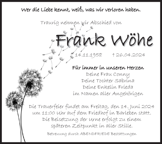 Traueranzeige von Frank Wöhe von Volksstimme Haldensleben/Wolmirstedt