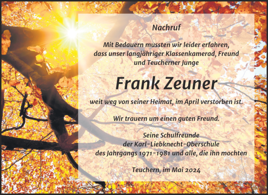 Traueranzeige von Frank Zeuner von Trauerkombi Weißenfels