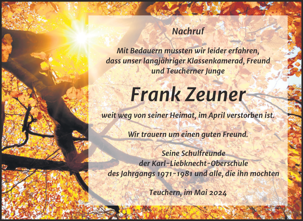  Traueranzeige für Frank Zeuner vom 25.05.2024 aus Trauerkombi Weißenfels