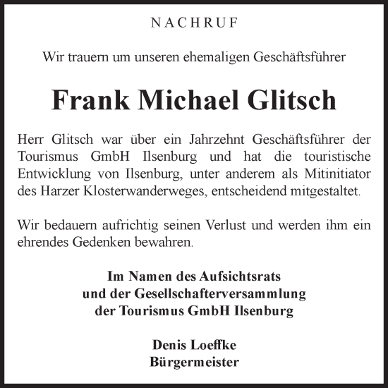 Traueranzeige von Frank Michael Glitsch von Volksstimme Wernigerode