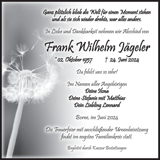 Traueranzeige von Frank Wilhelm Jägeler von Volksstimme Staßfurt