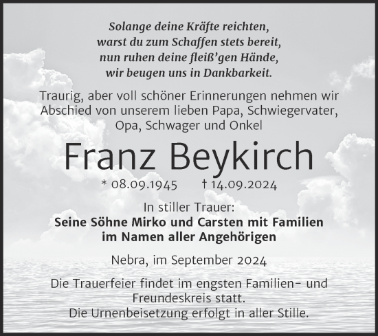 Traueranzeige von Franz Beykirch von Super Sonntag Naumburg/Nebra