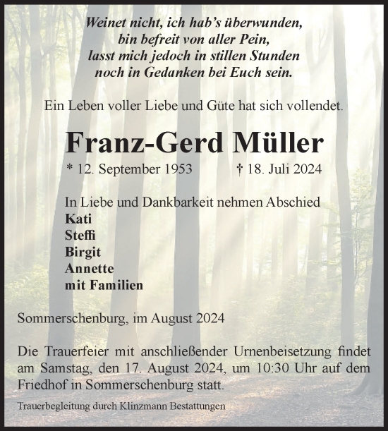 Traueranzeige von Franz-Gerd Müller von Volksstimme Oschersleben/Wanzleben