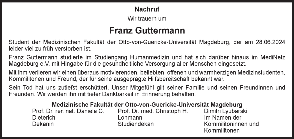  Traueranzeige für Franz Guttermann vom 27.07.2024 aus Volksstimme Magdeburg