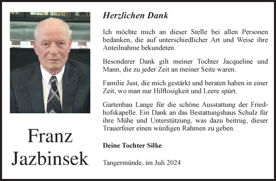 Traueranzeige von Franz Jazbinsek von Volksstimme Altmark Ost