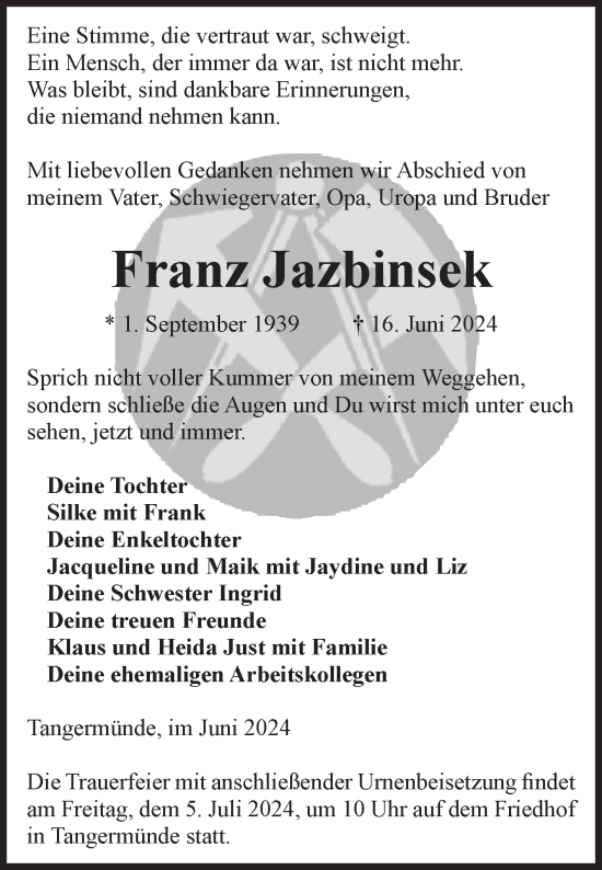 Traueranzeige von Franz Jazbinsek von Volksstimme Altmark Ost