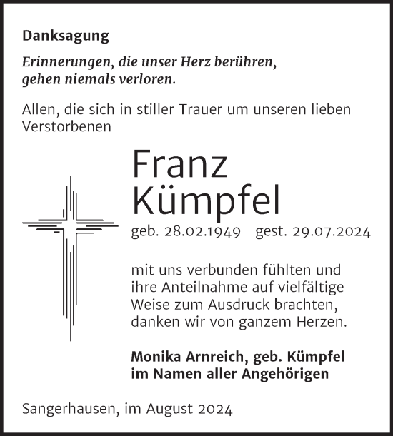 Traueranzeige von Franz Kümpfel von Trauerkombi Sangerhausen