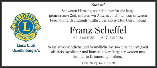 Traueranzeige von Franz Scheffel von Mitteldeutsche Zeitung Quedlingburg