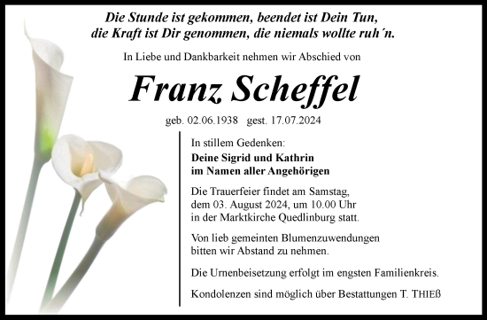 Traueranzeige von Franz Scheffel von Trauerkombi Quedlinburg