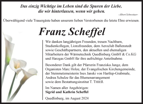 Traueranzeige von Franz Scheffel von Trauerkombi Quedlinburg