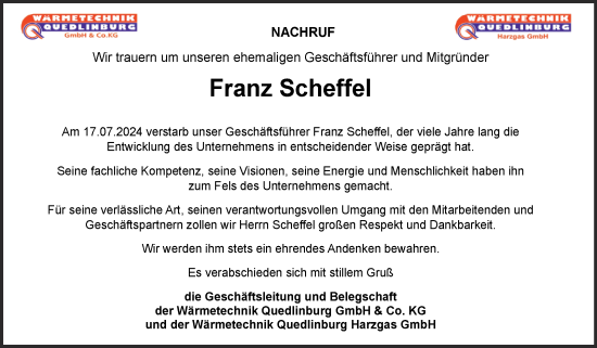 Traueranzeige von Franz Scheffel von Mitteldeutsche Zeitung Quedlingburg