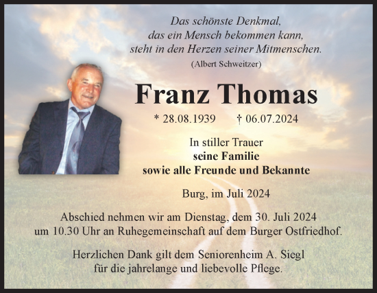 Traueranzeige von Franz Thomas von Volksstimme Burg/Genthin